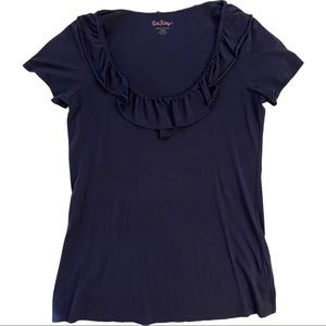Lilly Pulitzer navy ruffle neck Pima cotton tee, Size L